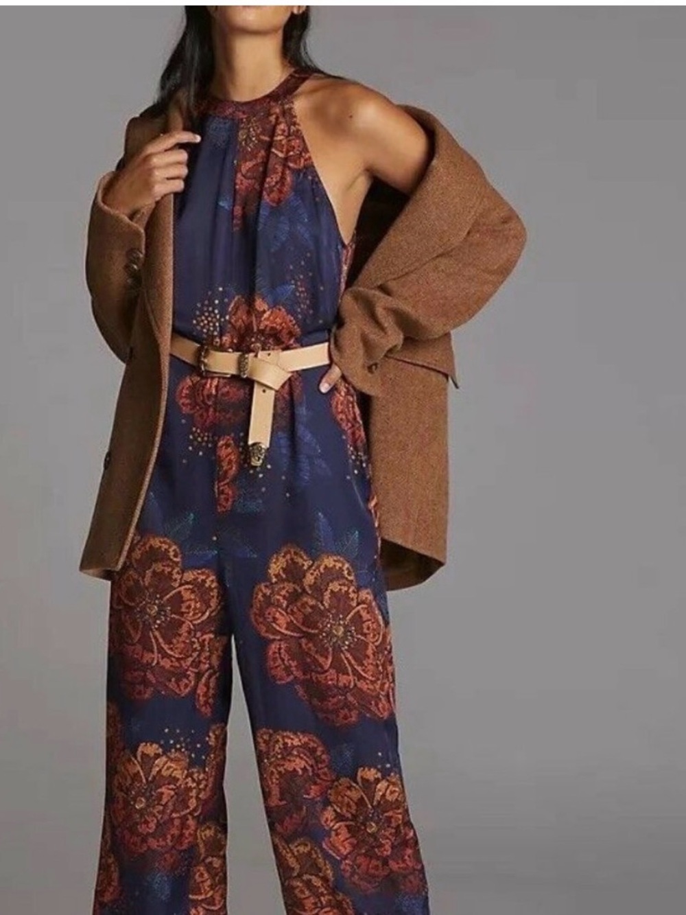 FARM Rio Navy Floral Halter Jumpsuit with Brown Accents